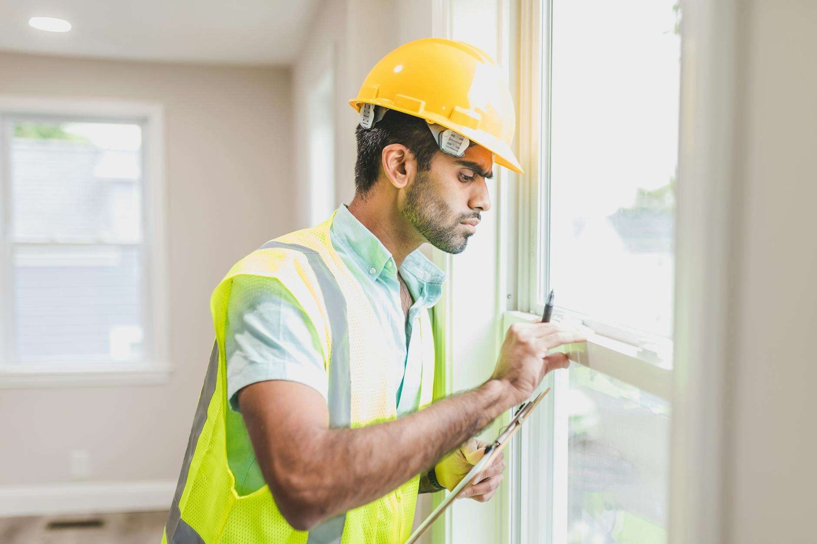 construction worker in yellow safety vest and helmet checking glass window of a house