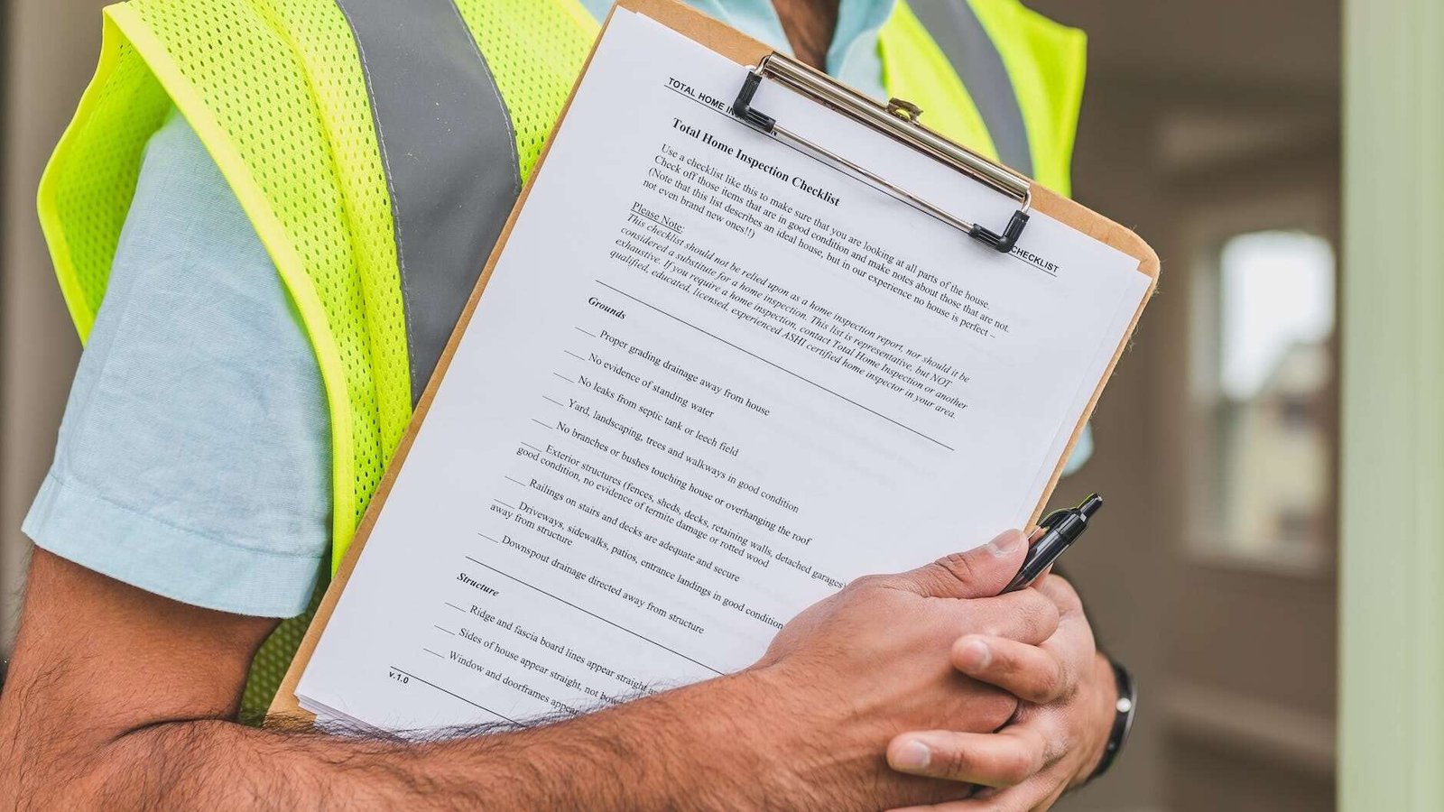 person in yellow reflective safety vest holding a pen and checklist of house inspection