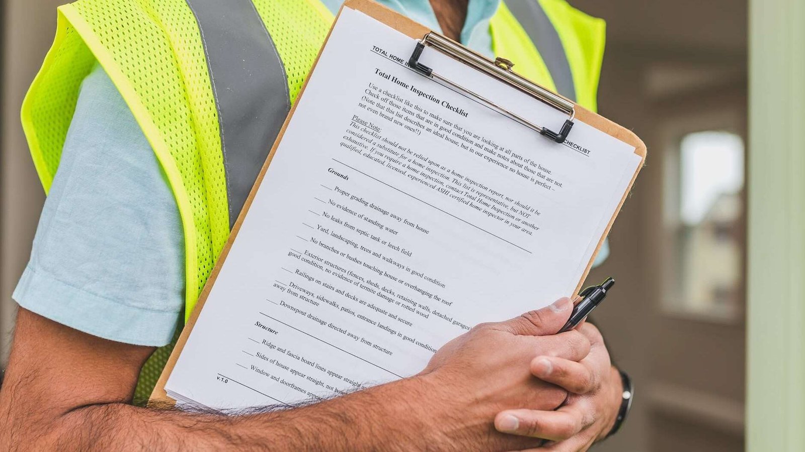 person in yellow reflective safety vest holding a pen and checklist of house inspection