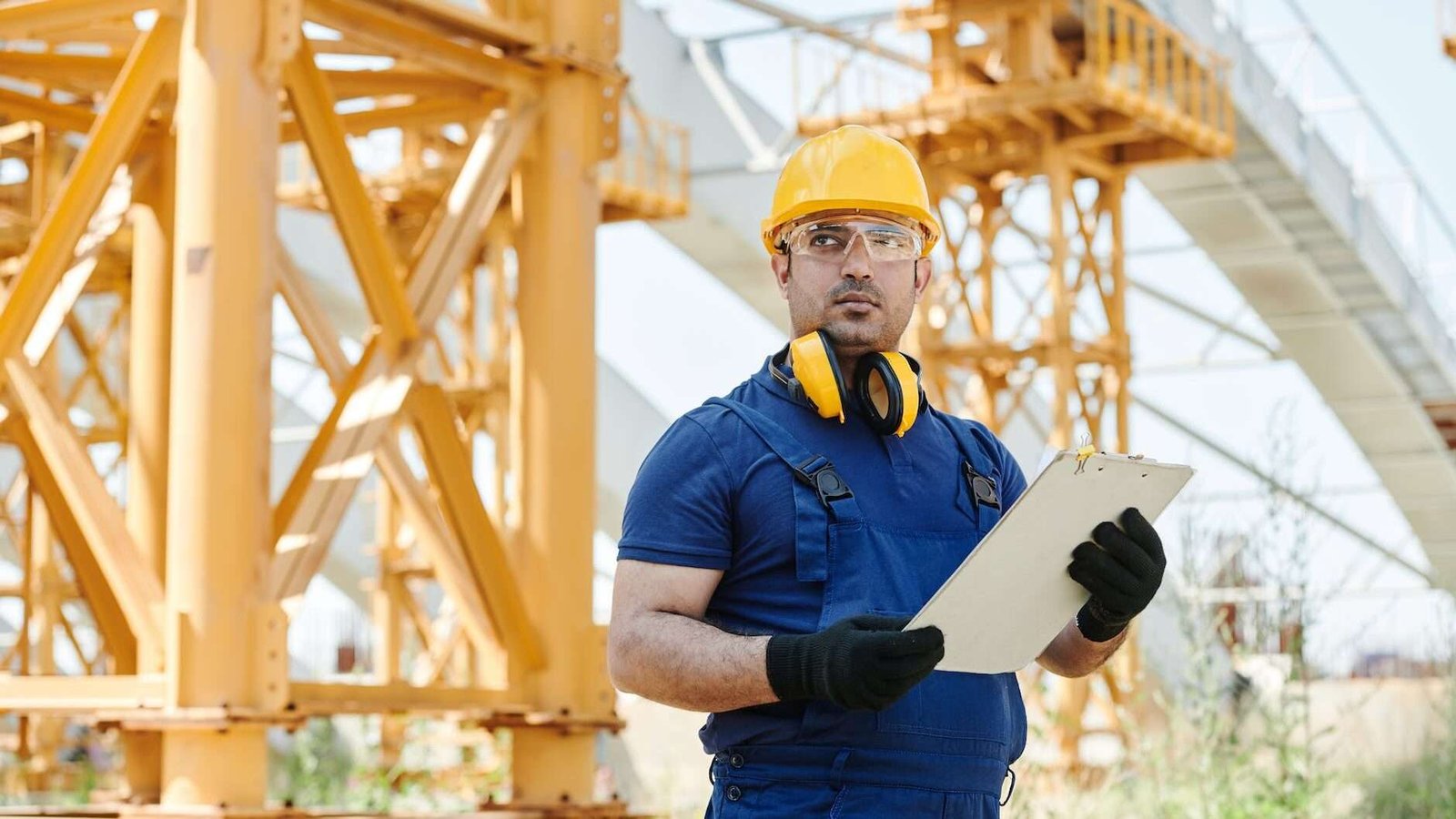 man in blue shirt and yellow hard hat holding white board