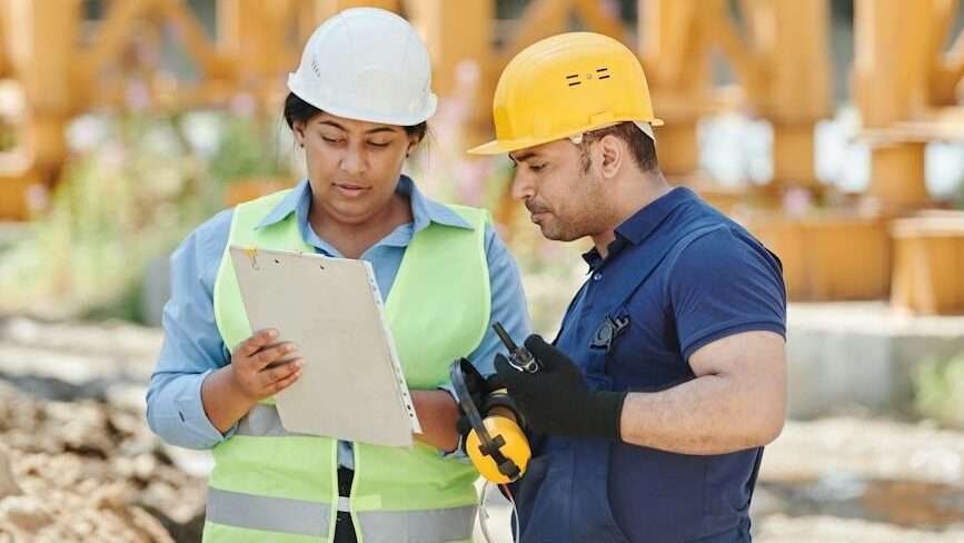 a man and woman having conversation at the construction site